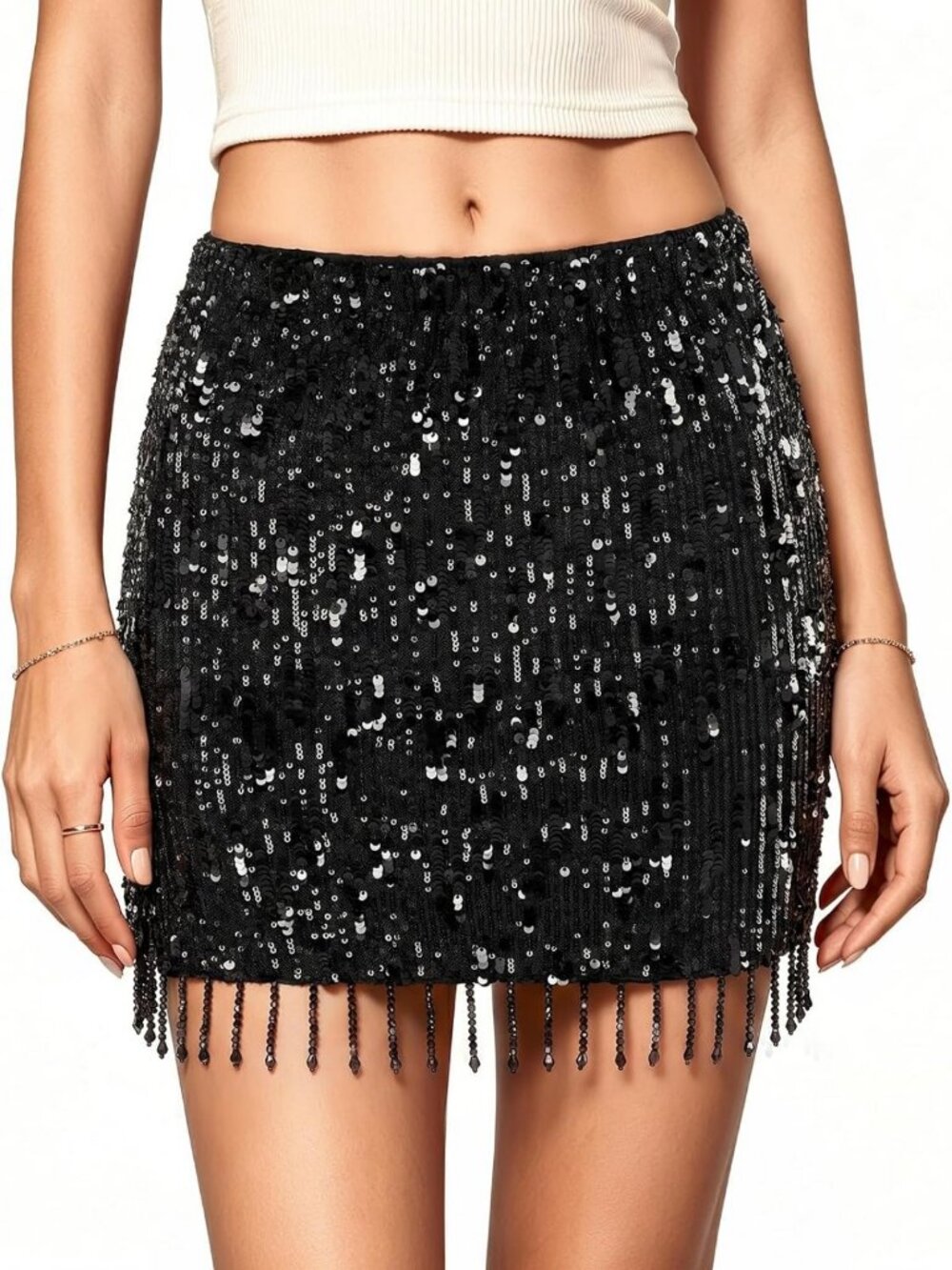 Sparkly Sequin Mini Skirt with Fringe Tassels - Perfect for Night Out & Parties